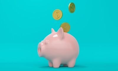 Pink piggy bank on blue background with falling gold coins. 3d rendering