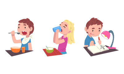 Little Boy and Girl Eating Breakfast and Drawing at Table Vector Set