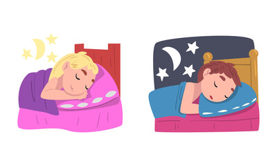 Little Boy and Girl Sleeping in Their Bed at Night Vector Set