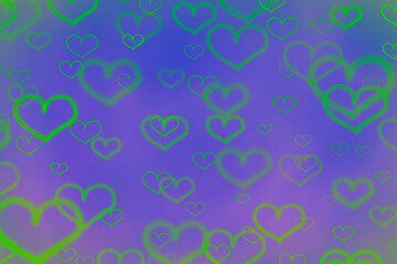 Fototapeta na wymiar Green hearts on a blue and purple background.