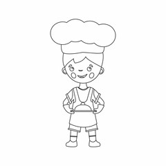 Coloring page of cartoon chef with dish. Little chef or scullion in an apron and chef's hat. Profession. Coloring book for children.