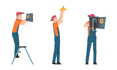 Man Electrician in Overall Fixing Electrical Wiring Vector Set