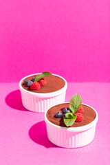 Perfect homemade tiramisu cake with fresh mint. Tiramisu portion in white plate on pink background hard shadows.