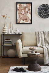 Elegant interior of living room with beige sofa, black console, mock up poster frame and stylish...