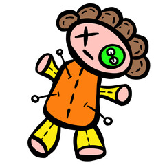 Cartoon Voodoo Doll Toy With Pins in Vector Illustration