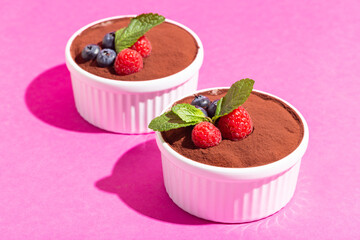 Perfect homemade tiramisu cake with fresh mint. Tiramisu portion in white plate on pink background hard shadows.