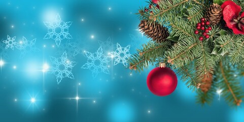 Banner with Christmas ball decoration on fir branches