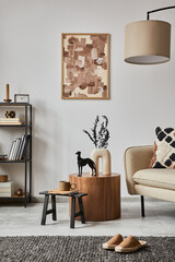 Modern living room interior composition with mock up poster frame, beige sofa, black metal shelf...