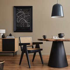 Modern composition of dining room interior with design wooden table, stylish chairs, decoration,...