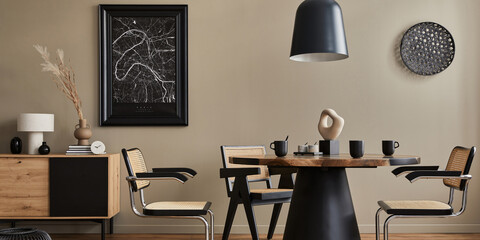 Modern composition of dining room interior with design wooden table, stylish chairs, decoration,...