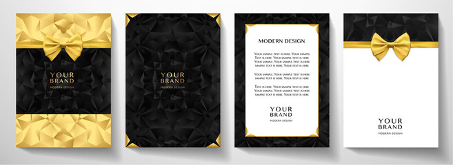 Holiday cover, frame design set. Luxury geometric pattern in gold, black white color with bow butterfly (golden ribbon). Premium vector background for brochure template, certificate, invite, luxe menu