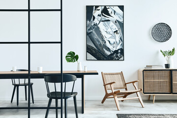 Stylish scandinavian living room interior of modern apartment with wooden commode, design table, chairs, carpet, abstract paintings on the wall and personal accessories in unique home decor. Template.