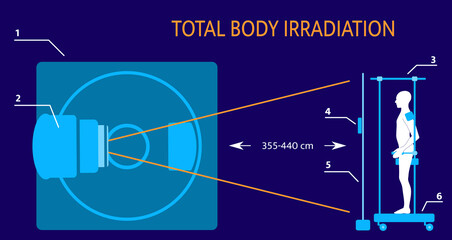 Total body irradiation using a LINAC (medical linear accelerator) with a multileaf collimator. The patient is standing in anteroposterior position. Vector illustration. 