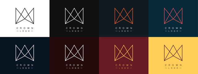 Set of linear crown logos. Royal symbol. Modern minimalistic style. Vector illustration