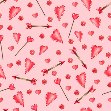 Watercolor seamless pattern of love elements, hearts, letters, arrow, buntings. Valentines seamless backgrouns for prints on fabric, paper, clothes