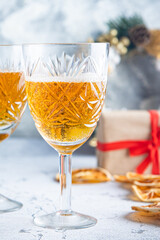 sparkling wine glass of champagne holiday christmas cocktail party wine spices new year drink sweet dessert copy space food background rustic 
