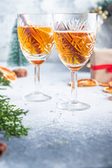 sparkling wine glass of champagne holiday christmas cocktail party wine spices new year drink sweet dessert copy space food background rustic 