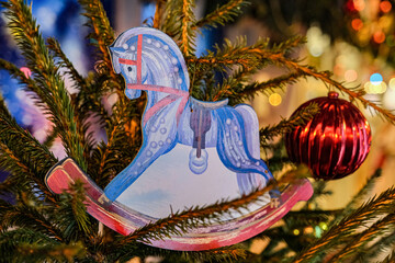 Naklejka premium New Year's horse. New Year's toy. Christmas tree decoration. New Year. Christmas. New Year decoration.