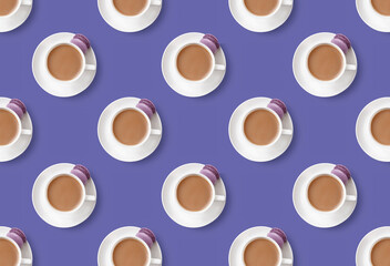 Seamless pattern of coffee cups with lilac dessert cake macaroon on trendy very peri background