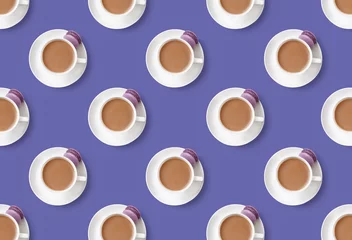 Cercles muraux Pantone 2022 very peri Seamless pattern of coffee cups with lilac dessert cake macaroon on trendy very peri background