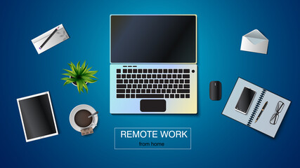 Vector illustration of a workplace for remote work. Laptop, tablet, envelope, notepad, pen, coffee cup, flower in a pot, smartphone. EPS 10.