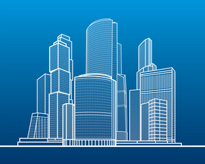 Modern town. Urban city complex. Business center. Infrastructure outlines illustration. White lines on blue background. Vector design art 