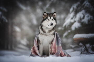 A powerful Alaskan Malamute dog wrapped in a soft pink and blue blanket sitting along a snowy road among a frosty winter coniferous forest. Looking away. 
