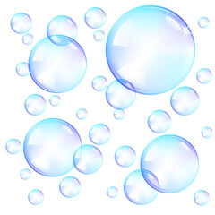 Blue soap bubbles on a white background, vector illustration of a transparent bubbles