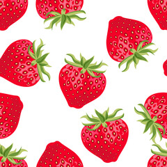 Strawberry background. Vector seamless pattern with fresh red berries on white. Cartoon flat illustration of fruit.