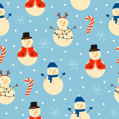 Seamless pattern of cute hand drawn snowmans with different clothes and decoration. Snowman and candy cane on blue background.