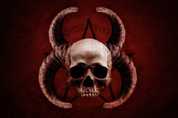 Occult ram horns and human skull with a satanic pentagram with black magic symbols against a grunge...