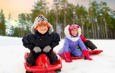 childhood, sledging and season concept - group of happy little kids sliding down on sleds in winter over snowy forest or park background