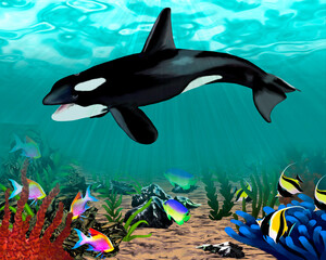 Fototapeta na wymiar Illustration of the underwater world with killer whale and fish.Killer whale and beautiful fishes in illustration.