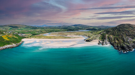 Aerial view of Barleycove beach, a gently curving golden beach formed of an extensive landscape...