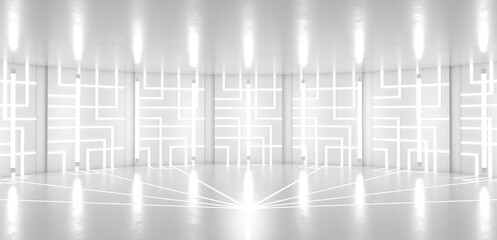 White minimalistic abstract 3d background. Neon light from lamps on the walls of the circular stage. 3d illustration.