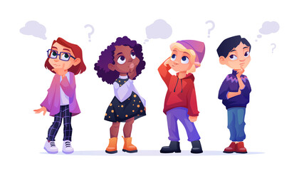 Little boys and girl having many questions cartoon children set. Vector funny child wondering and looking for answers, puzzled kids with question marks and clouds above heads. Unsure smart youth