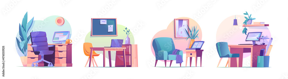 Aufkleber Workplaces at home and in office isolated cartoon set. Vector workspace, tables and computers, notebooks and laptops, chairs and desks. House interior, lamp and vase modern interior design elements
