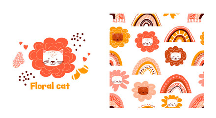 Boho rainbow seamless pattern with lines, dots, fringed. Card with kitten and text Floral cat. Cute cats - flowers. Abstract Vector background. Childish print