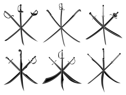 Set of simple monochrome vector images of three crossed saber and cutlass.