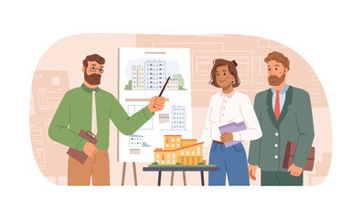 Presentation of architects, business people or investors looking at models with information. Project completion of student or worker, communication with clients and customers. Vector in flat style