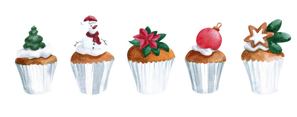 set of watercolor illustrations with  new year cupcakes