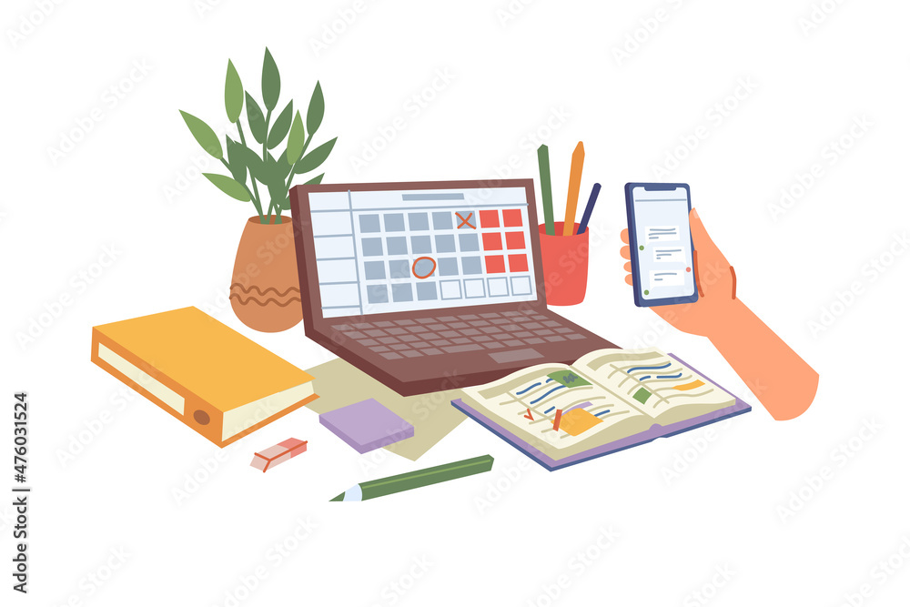 Fototapete Notebook or diary planner for organization of working space and tasks. Computer and smartphone with application for making marks and appointments. Business tools or student schedule. Vector in flat