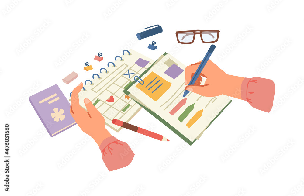 Aufkleber Personal diary or notebook for marking events and tasks, hand of worker filling information on paper. Journal or calendar, business management and tools for productivity boost. Vector in flat style