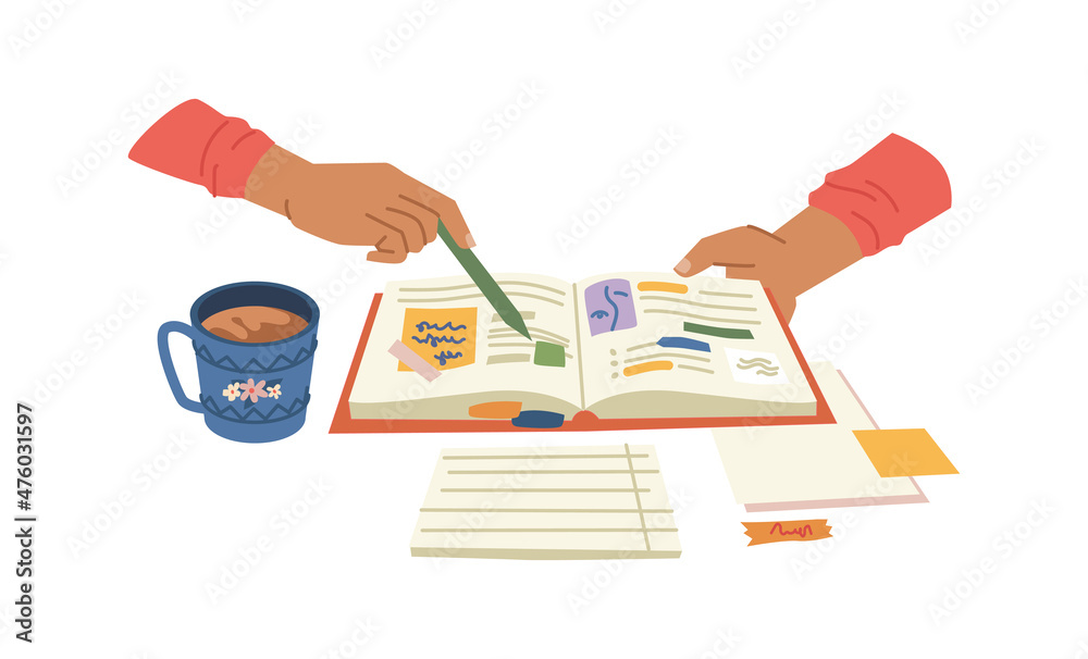 Fototapete Diary for planning tasks and workflow, isolated person using journal for organization and management, Student with notebook making notes in schedule, personage with cup of coffee, vector in flat