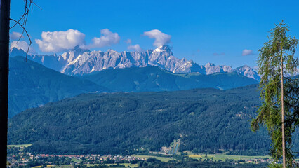 A panoramic view, seen from Oswaldiberg, on the city of Villach in Carinthia, Austrian Alps. The...