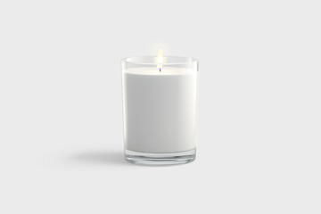 Blank white pillar candle in glass jar mockup, gray background - obrazy, fototapety, plakaty