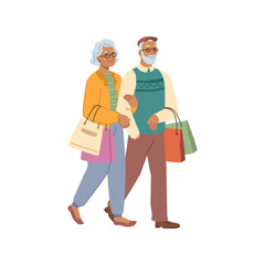 Trendy elderly couple carry packages with purchases isolated flat cartoon characters. Vector happy old man and woman enjoying discount sale, stylish mature buyer pair. Mature people shopping together