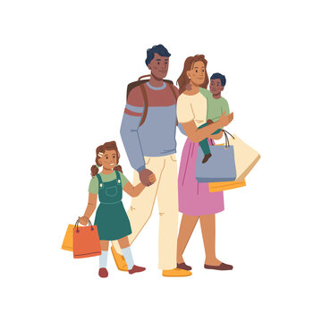 Happy family on shopping, parents and kids with paper bags purchases isolated flat cartoon characters personages. Vector mother, father and children buying presents gifts, Black Friday sale, discounts