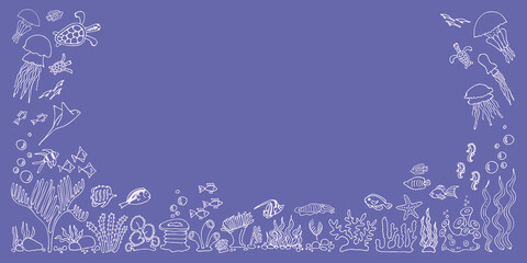 Bannière de récif de corail marin de couleur très péri. Modèle de carte avec des animaux et des plantes sous-marines. Fond de vie sauvage au fond de l& 39 océan, aquarium, zoo. Illustration vectorielle dessinés à la main. Plongée en mer.