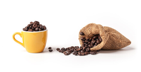 roasted coffee beans, beans coffee in mug and sack isolated on white background.